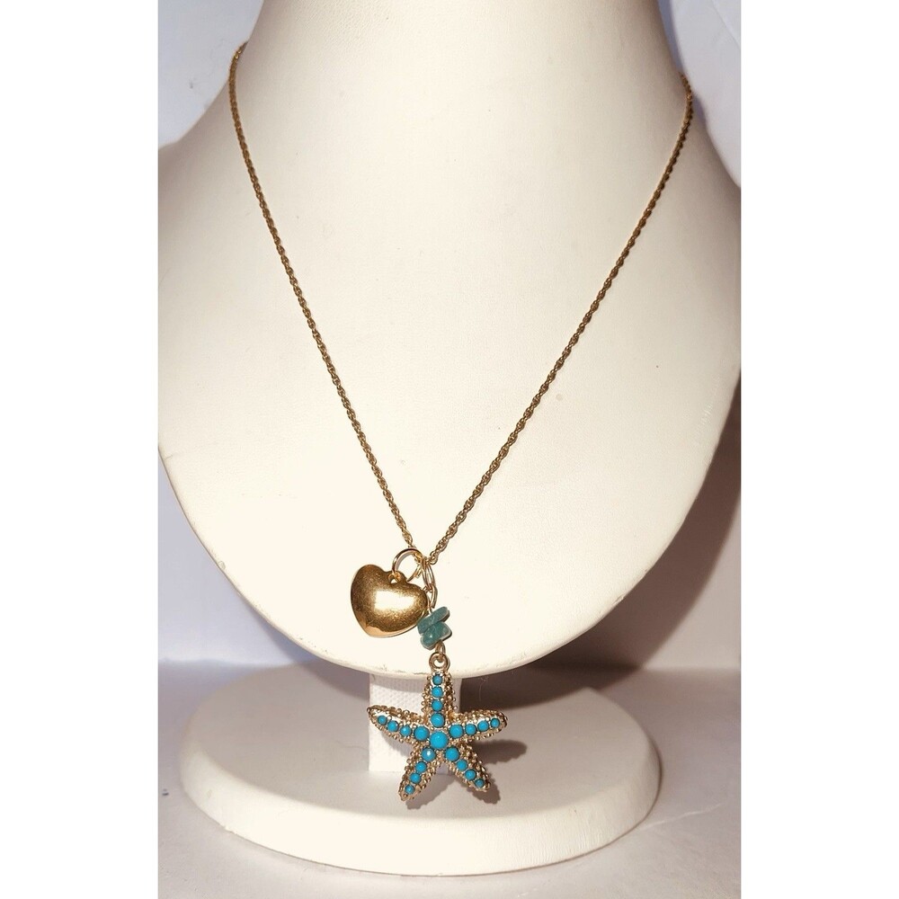 Necklace Starfish Turquoise Studded & Heart Gold Toned Chain Curb Link 17 Inch